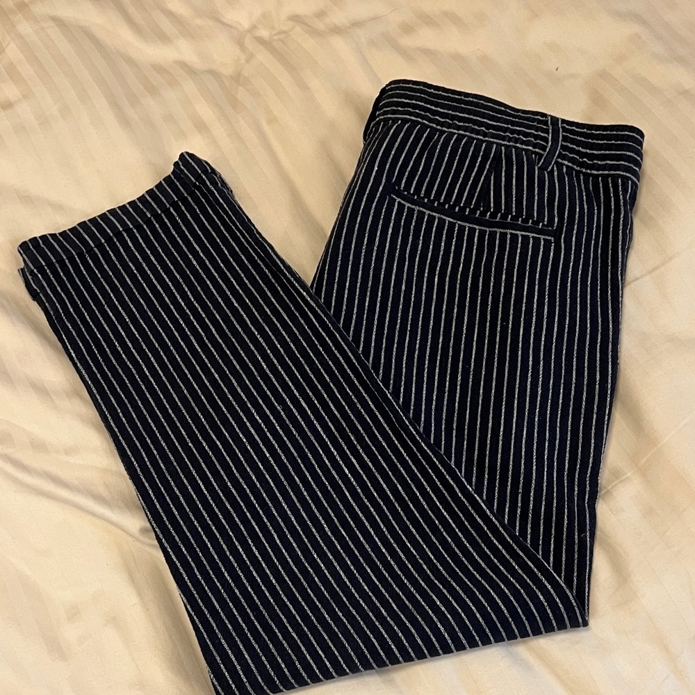 Men's nautical navy and white striped pants.